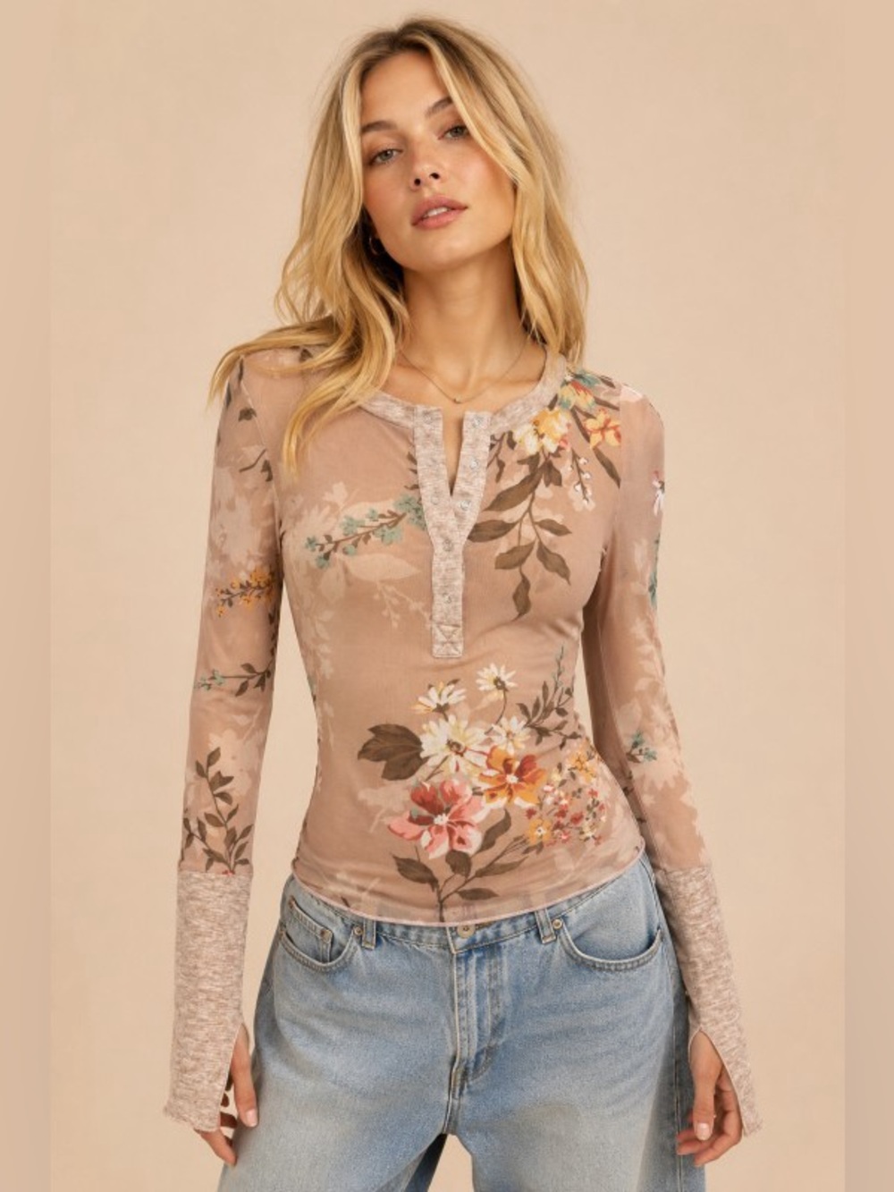 Brown multi floral patchwork mesh layering lace Henley blouse tunic top shirt